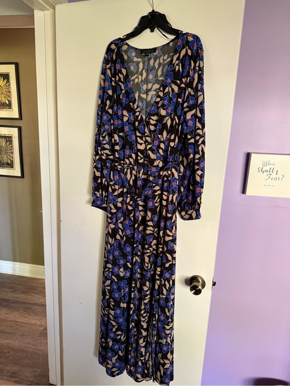 Eloquii Black Maxi Dress with Blue and Cream Floral Print